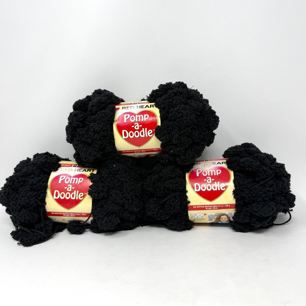 Red Heart Pomp A Doodle Pom Pom Yarn Solid Black 3.5 oz Ball Set 3 Knit Crochet